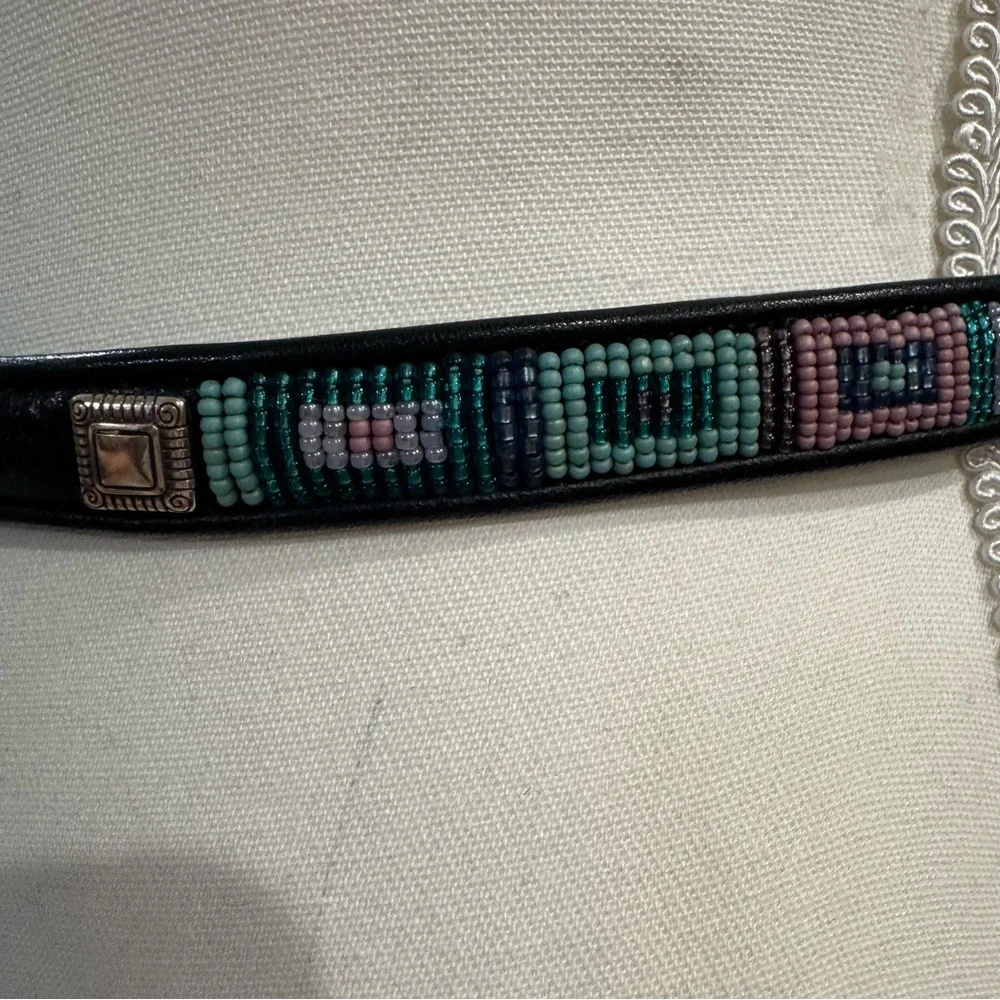 Brighton Black Leather Belt Silver Buckle Aztec Bead Square Design Pink Teal Med